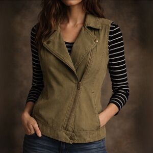 Nordstrom BP Military Green 100% Cotton Moto Utility Zip Down Vest Oversized XS